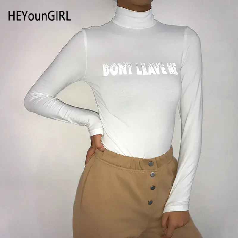 Белый HEYounGIRL водолазка повседневный комбинезон с длинными рукавами Женский светоотражающий Белый боди с буквенным принтом женское облегающее боди с высоким воротом Женское боди - Цвет: Белый