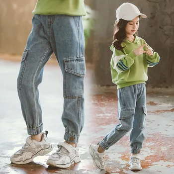 

Jeans for Kids Girls Cargo Pants Casual Jeans Trousers Pocket Loose Sport Pants Elastic High Waist Baby Girl Teen 4-14 Years
