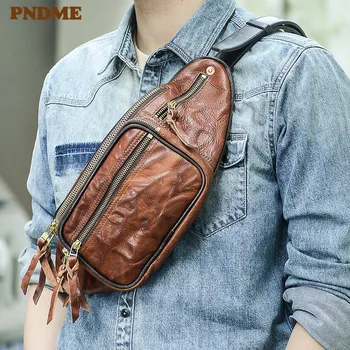 

PNDME fashion vintage luxury genuine leather men's chest bag designer real cowhide multifunctional waist packs messenger bags