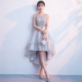 

Female Sexy O-Neck Robe De Soiree Exquisite Sleeveless Qipao Bling Sequins Formal Party Dress Elegant Short Gray Cheongsam