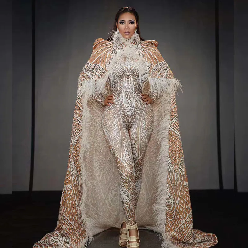 Luxury White Pattern Party Jumpsuit with Feather Long Cloak Women Evening Celebration Performance Costumes Stage Bodysuits Luxury White Pattern Party Jumpsuit with Feather Long Cloak Women Evening Celebration Performance Costumes Stage Bodysuits