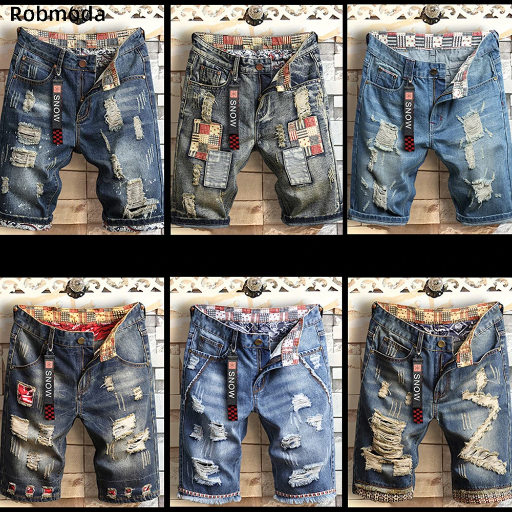 

2019 summer Denim shorts 6 colors optional Retro embroidery men jeans shorts ripped wave Hole jeans Casual plus size 28-40