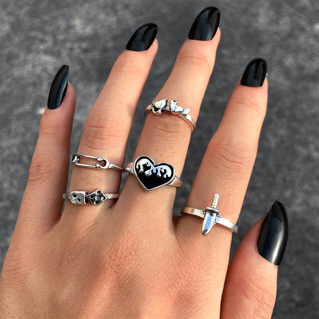 Silver Color Skull Heart Rings Set For Women Men Gothic Chain Retro Rings 2021 Trend Fashion Jewelry