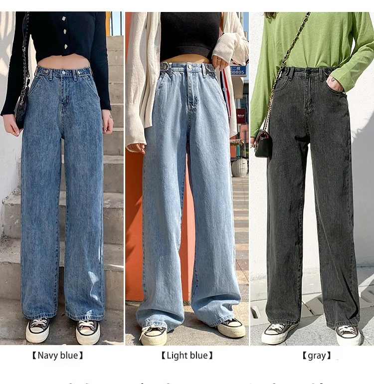 Pantalones vaqueros a la moda para mujeres, Vaqueros holgados de tres colores de cintura alta, de pies anchos, estilo urbano, retro, alta calidad