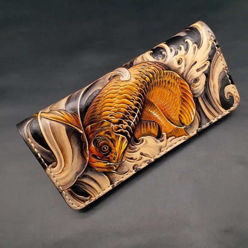 Кошельки ручной работы с резьбой, кошельки Arowana, женские и мужские, длинный клатч, растительного дубления, кожаный кошелек, держатель для карт - Цвет: 1
