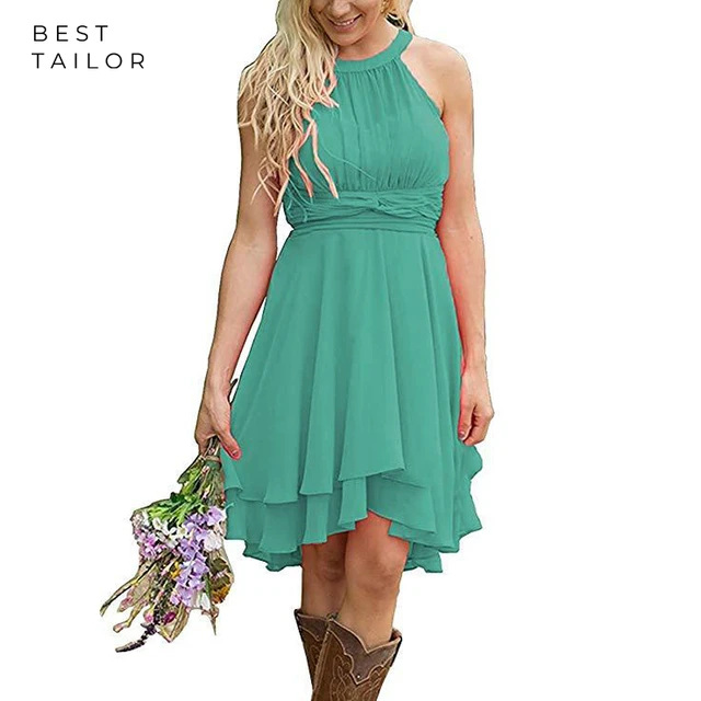 Turquoise Short Party Dress With Asymmetrical Hem