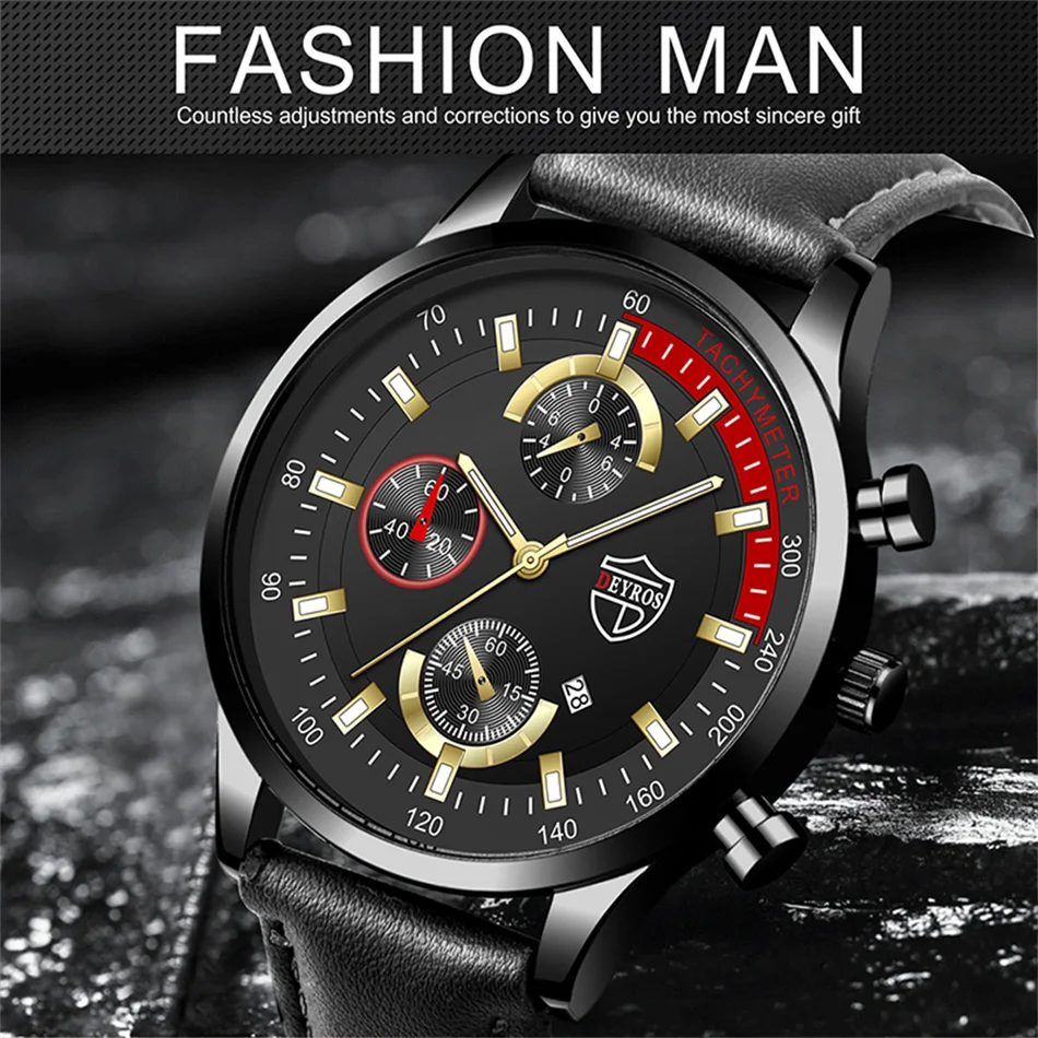 Luxury Mens Leather Watches Stainless Steel Fashion Calendar Quartz Wrist Watch Leather Bracelet Male Business Luminous Clock
