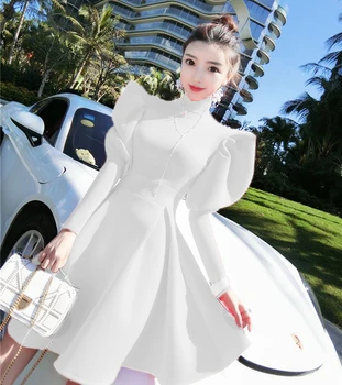 

Beach Dress Sale Rushed Vestido Longo Dress Woman 2020 Spring Ladies Temperament High Neck Puff Sleeves Waist Fashion A Word