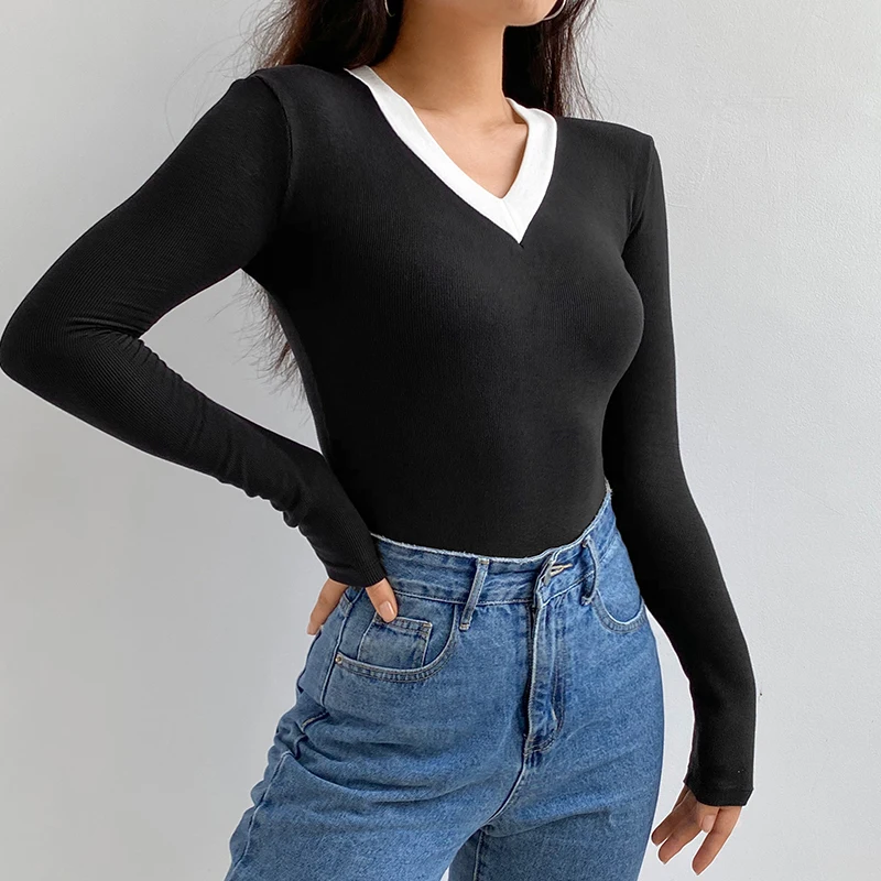 IAMSURE Long Sleeve Basic Bodycon Bodysuit For Women 2020 Autumn Winter Sexy V-Neck Patchwork Fitness Female Bodysuits Rompers