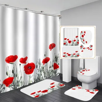

4pcs/set Waterproof Shower Curtain Patterned Bathroom Mat Non-Slip Carpet Pedestal Rugs Lid Toilet Cover Bath Supplies