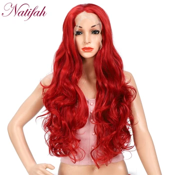 

Natifah 30inch Synthetic Lace Wig Black Red Long Natural Wave Lace Wig Middle Part Heat Resistant Curly For Women Cosplay Wig