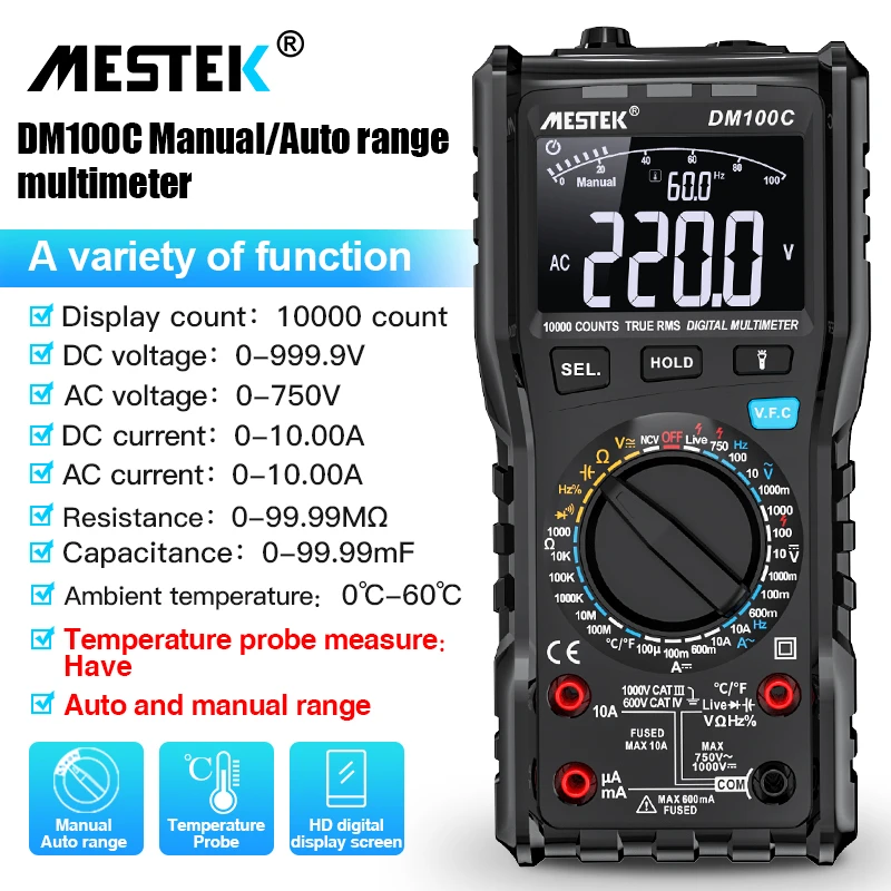 The multimeter button data display is easy to use and has a reading ...