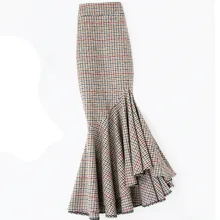 Auutmn Зимняя шерстяная meimaid юбка женская с высокой талией Асимметричная клетчатая юбка-годе плюс размер 4XL