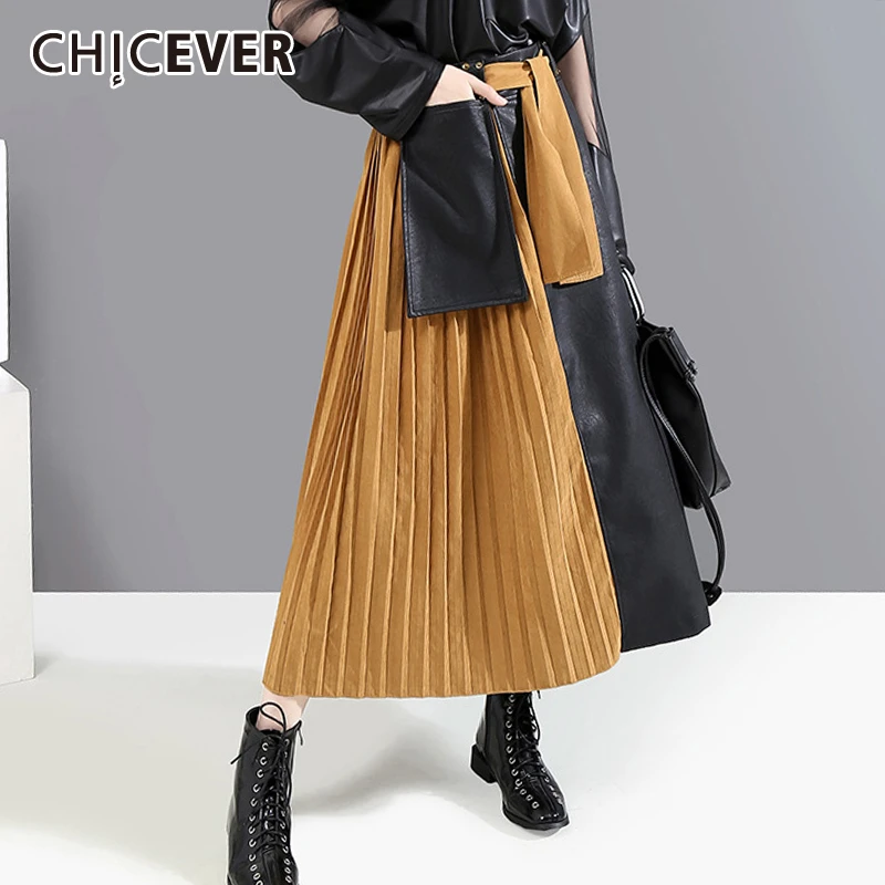 Женская плиссированная юбка CHICEVER с высокой талией и карманами на шнуровке весна