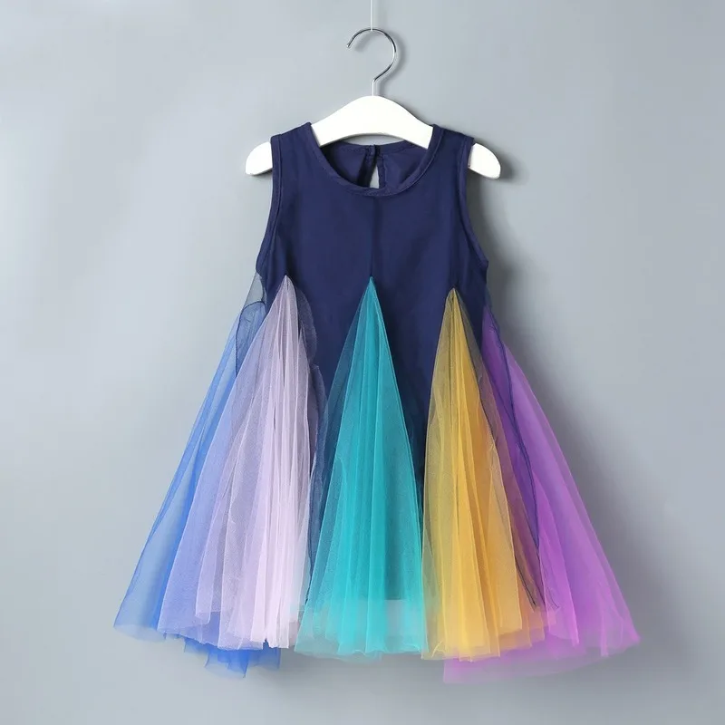 

New Rainbow Child Girl Dress Cotton + Mesh New Year's Evening Dress for Girls Autumn Summer Party Lace Princess Dress for Girls