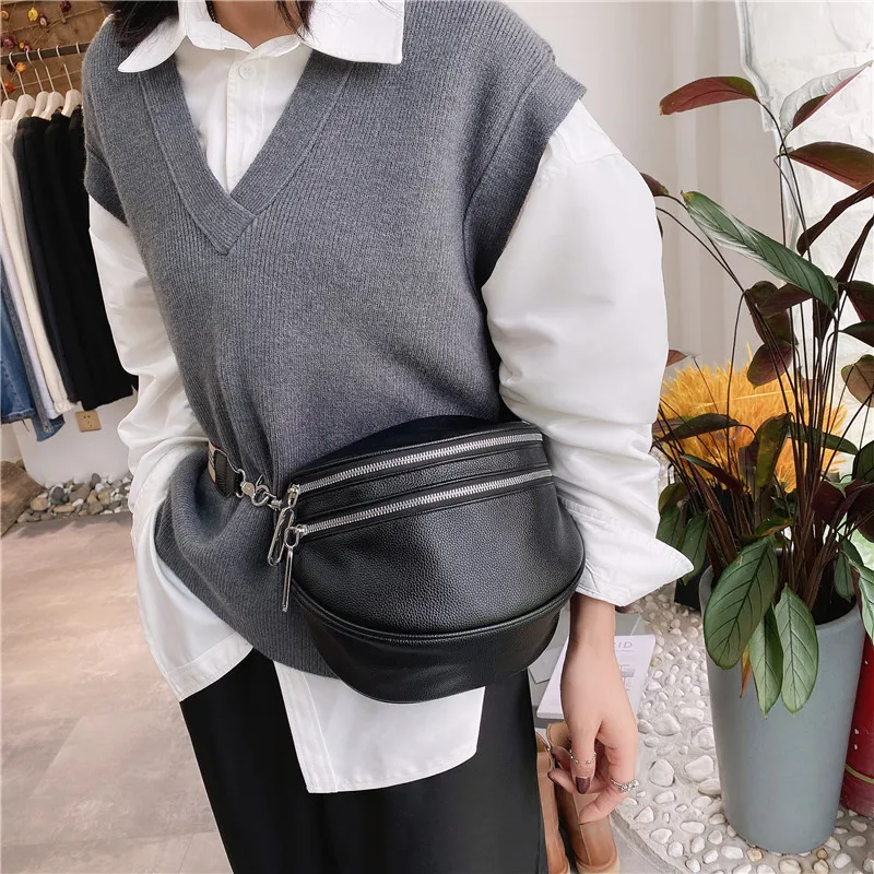 FULEADTURE Crossbody Bag Women's Wide Strap Bum Bag Women's Stylish Thick  Chain Chest Bag PU Leather Women's Shoulder Bag Fashion Shoulder Bag  Handbags,Black 