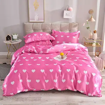

3Pcs/4Pcs Washed Silk Heart Pattern Heart Message Pink Duvet Cover+Flat Sheet+Pillowcase Single/ Full /King size duvet cover set