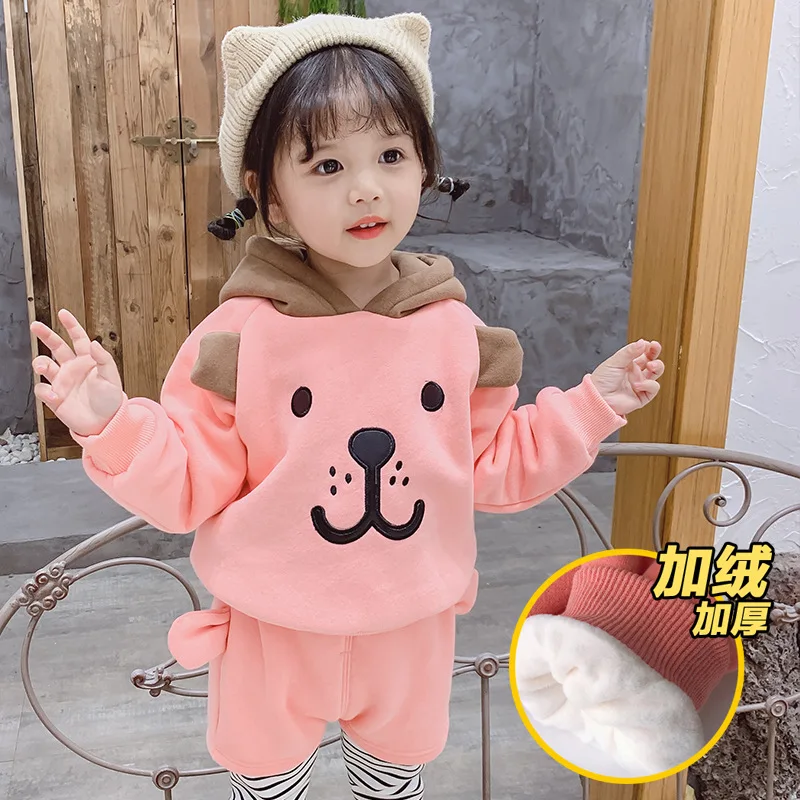 

2019 Winter Childrenswear CHILDREN'S Suit New Style Korean-style Girls Fashion Stripes Brushed And Thick Puppy Two-Piece Set