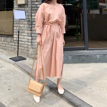 

South Korea INS Peach Pink Orange Elegant Crew Neck Lace-up Waist Hugging Solid Color Slit Long Dress