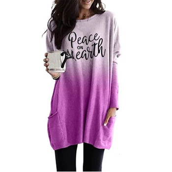 

New Fashion Peace On Earth Letters Print Gradient Long Sleeve Pocket T-Shirt T-Shirt For Women Female Women Tumblr Graphic Tees