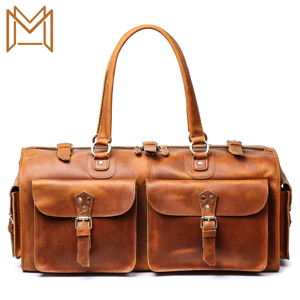

Male Genuine Leather Handbag Crazy Horsehide Short Trip Package Capacity Luggage Bag Cowhide Oblique Satchel