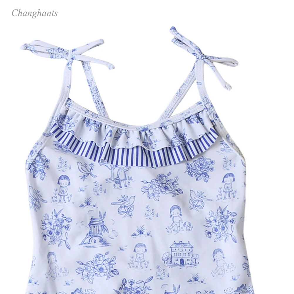 New Model Kid One Piece Swimsuit 1-8 Girl Swimwear with White Light Blue Print Children Sling Swimming Wear Child Bathing Suits