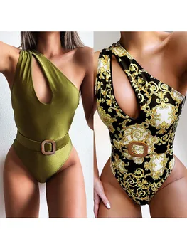 

One Piece Swimsuit Print bikini Hollow Out swimwear bathing suit One Shoulder Padded Push Up bikinis 2020 mujer swimming suit