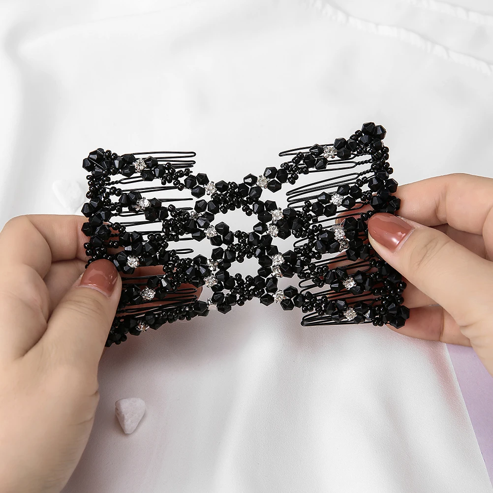 Black Rhinestone M MISM, женские эластичные гребни для волос с жемчужными бусинами, двойная горка, волшебная булочка, сделай сам, инструмент для изготовления причесок, новинка, металлические заколки для волос, аксессуары - Цвет: Black Rhinestone