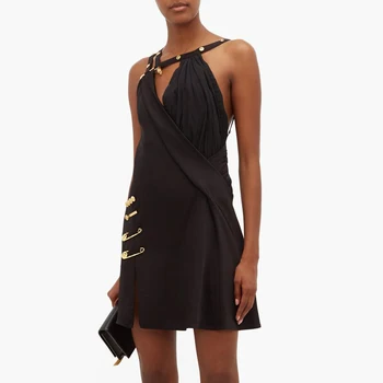 

Asymmetric Patchwork Pin Dress for Women Spaghetti Strap Off The Shoulder High Waist Dresses Women Autumn New 2019