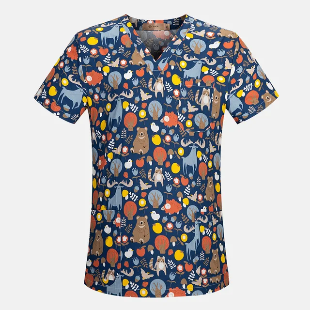 viaoli Cotton Cartoon print spa uniform beauty salon Pet shop uniform Fashion Slim Fit top scrub clothes women scrubs lab coat top520014