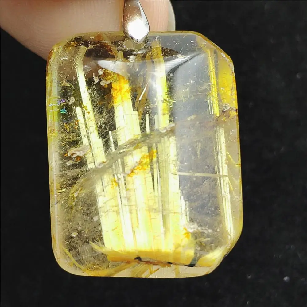 

Top Natural Gold Rutilated Quartz Pendant Gemstone 25x20x10mm Best Gift Crystal Stone Rectangle Necklace AAAAA