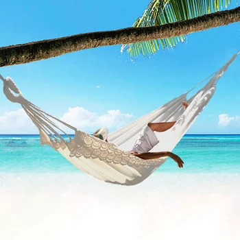 

200x 80Cm White Canvas Pure Cotton With Lace Indoor And Outdoor Leisure Camping Photography Hammock Swing Without Rod