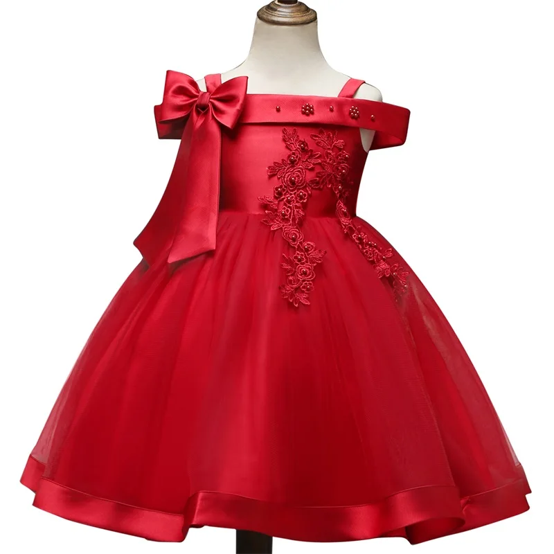 Новогоднее красное платье с открытыми плечами для девочек; платье принцессы для торжественных костюмов; платье с цветочным узором для девочек; вечерние платья; Детские платья для девочек - Цвет: As photo