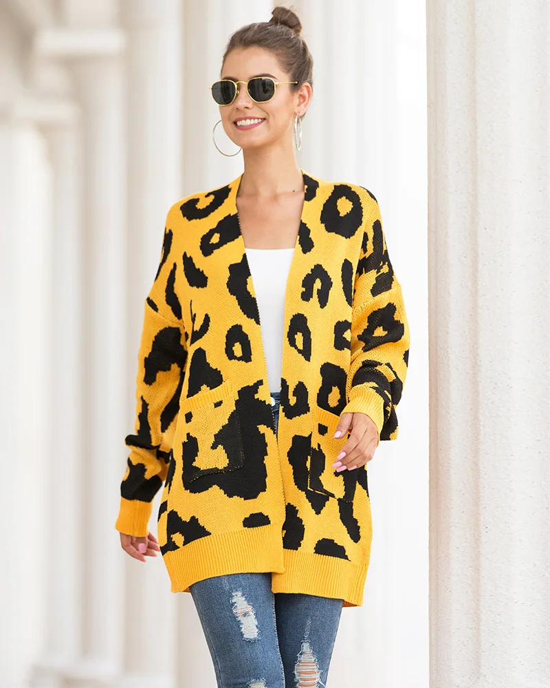 Sweater Girls Long Section Two Pocket Leopard Print Cardigan