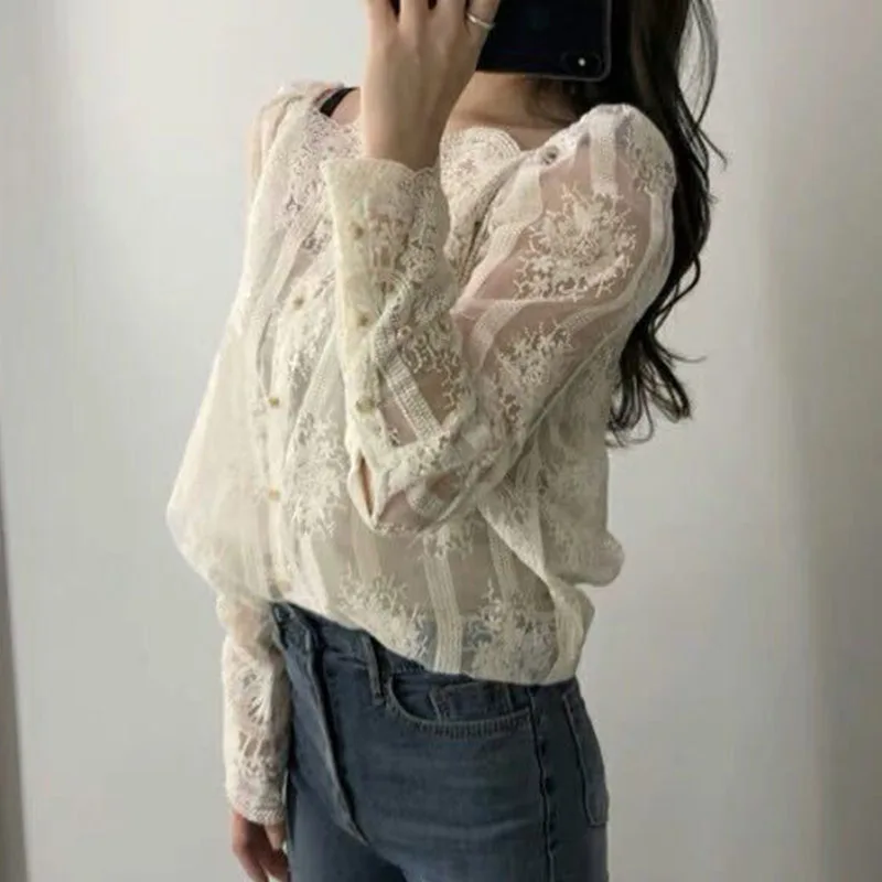 

2020 Stylish Women's Summer Blouse Elegant Floral Lace Tops Off Shoulder Blusas Female Long Sleeve Shirts Solid White Top Tunic
