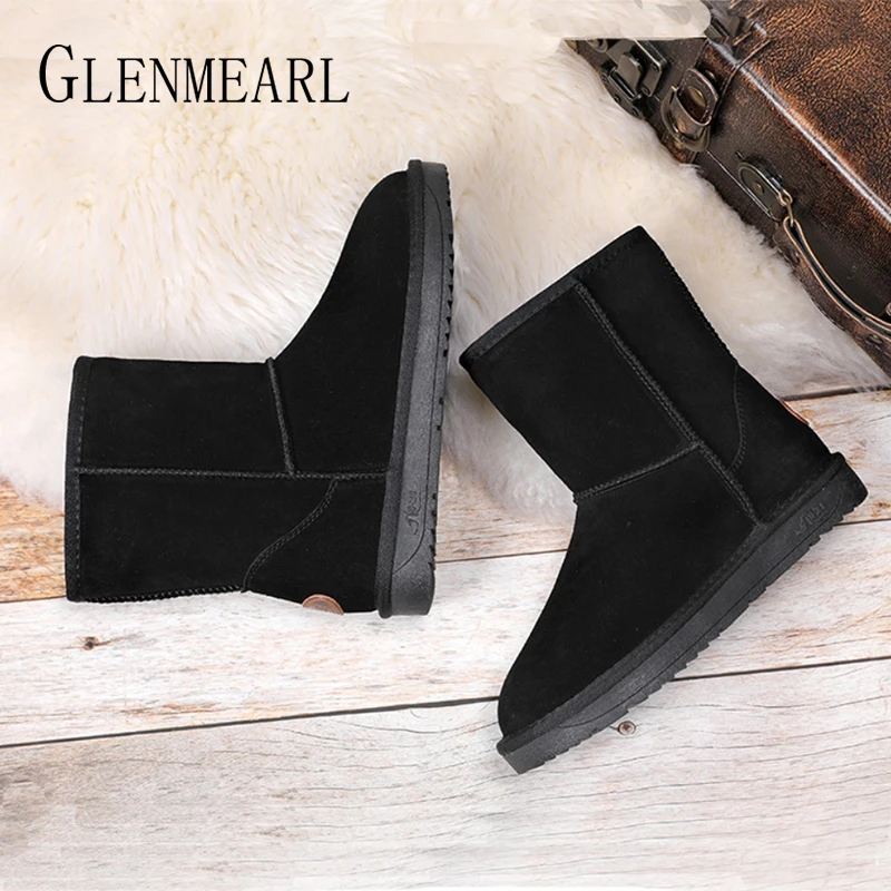 Genuine Leather Women Winter Boots Snow Boots Women Warm Shoes Solid Fur Shoes Female Ankle Boots Round Toe Casual Shoes DE