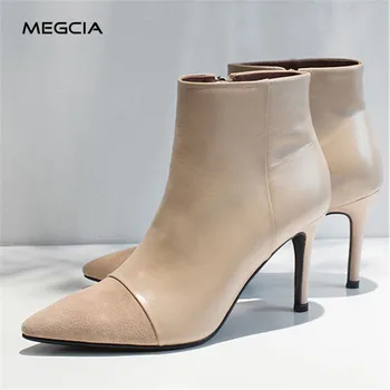 

Pointed toe ankle boots high heels women genuine leather stiletto heel short boots autumn winter zipper boots ladies shoes A18