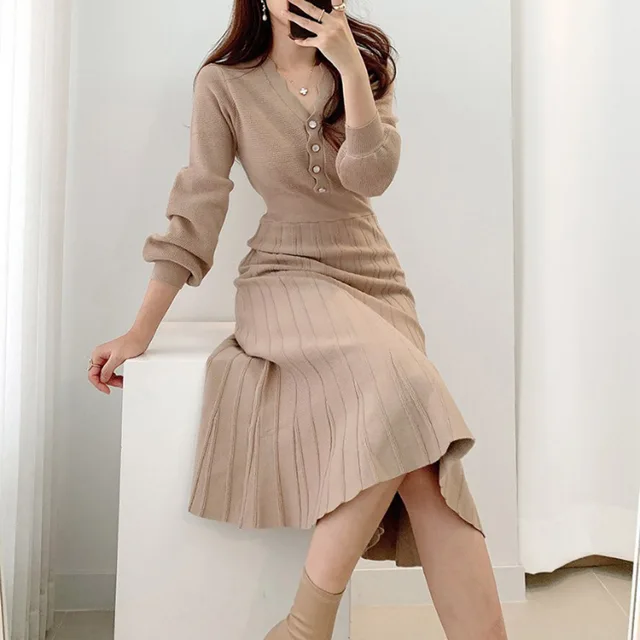Korean Fashion 2021 Autumn Temperament High Waist Solid Color Simplicity Dress V-neck Long Sleeve Elegant Women's Knit Dress 3