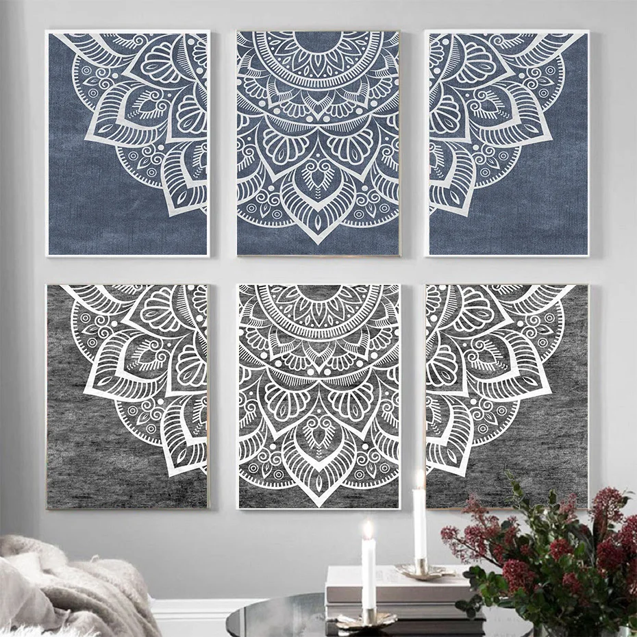 Blue Black Mandala Pattern Canvas Wall Art Print Bohemian Abstract Flower Canvas Painting Posters for Living Room Home Decor