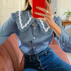 QWEEK – chemise à carreaux Vintage pour femmes, col boutonné, manches longues, bleu, élégante, coton 