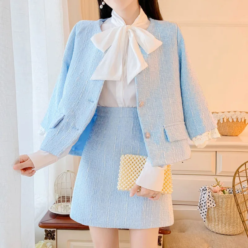 

Female New Tweed Autumn Lace Stitching Woolen Jacket Coat + Short Skirt Set Lovely Casual Two Piece Set Women Clothing Set