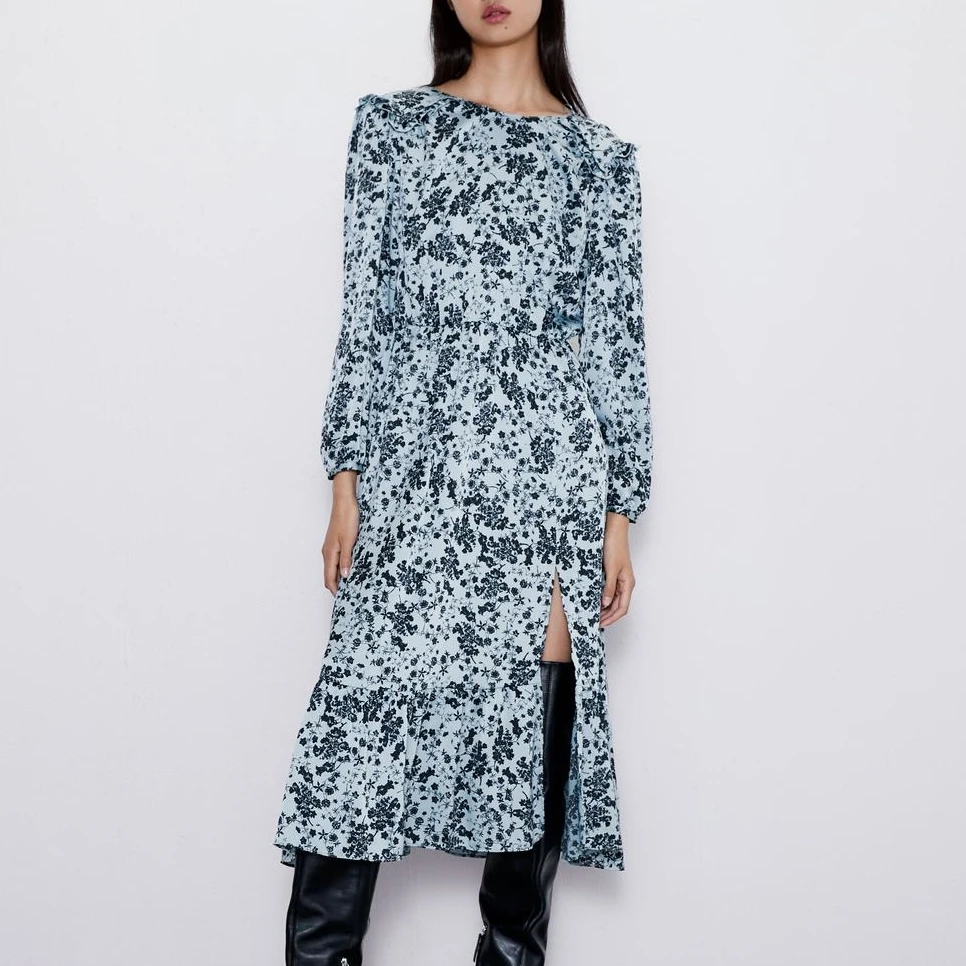 

2019 Autumn New Floral Print Long Sleeve Dress Women Ruffles O-Neck Fork Opening Backless Long Dress Office Lady Midi Dress