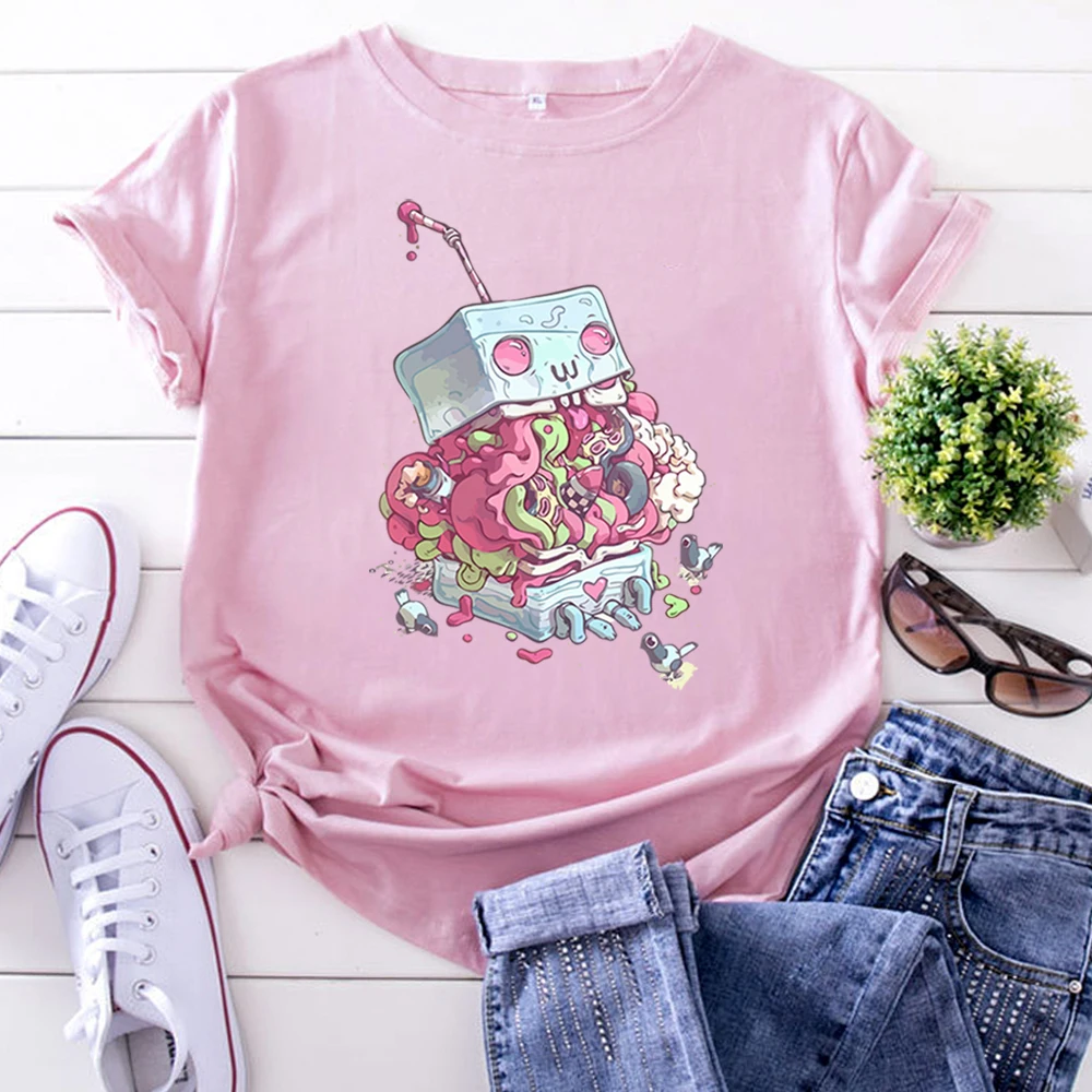 T-Shirts Kawaii Ice Cream Machine Cartoon Image Woman Tshirt Casual Punk T Shirt For Women Crewneck Harajuku Short Sleeve Tops