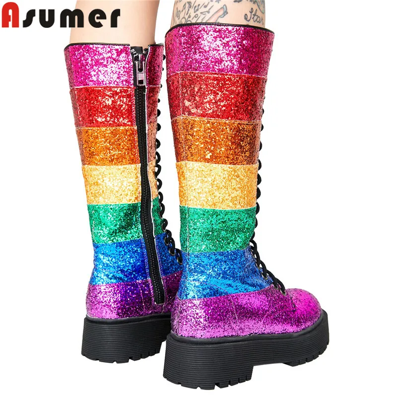 

ASUMER big size 35-42 mid calf boots women round toe mixed colors autumn winter boots lace up ladies platform boots 2020 new
