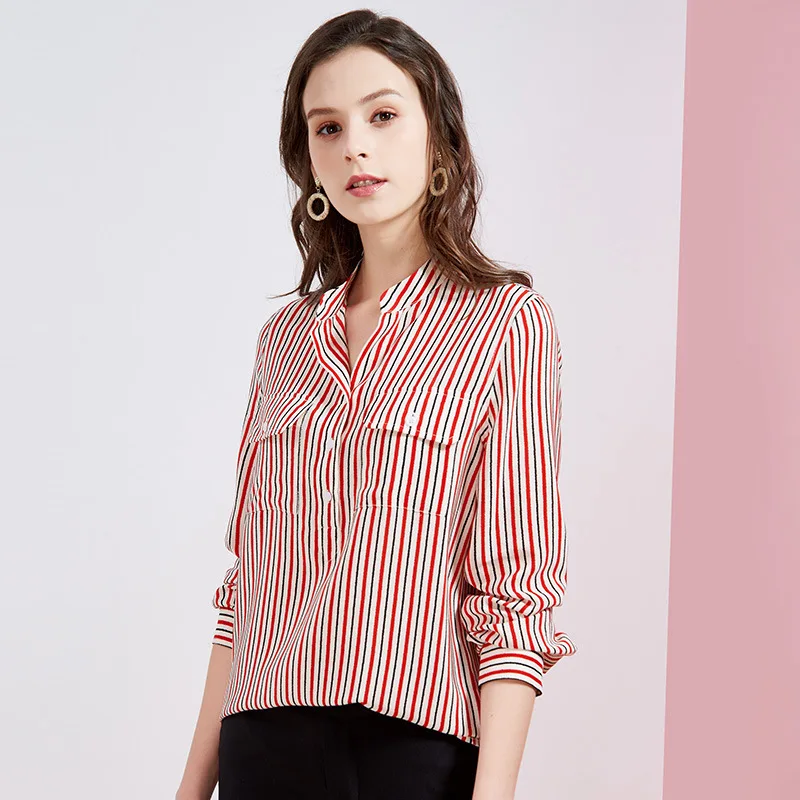 

100%real silk boulses for women high quality 2020 summer red striped office shirts long sleeve casual sexy boho plus size
