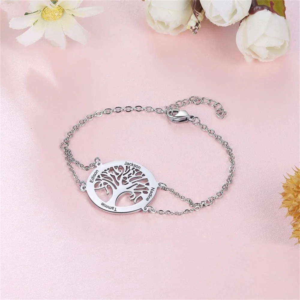 Customized Tree of Life Bracelet Personality Genealogy Bracelet Stainless Steel Adjustable Bracelet Jewelry Lady Mother\'s Day Gi