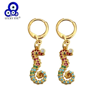 

Lucky Eye Hanging Hippocampus Crab Drop Earrings Gold Silver Color Colorful Zircon Charm Dangle Earrings for Women Ladies EY6542