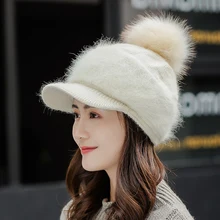 H7730 женская шапка с козырьком, Женская Осенняя зимняя теплая шапка с кроличьим мехом, одноцветная вязаная шапка плюс бархатная теплая уличная ветрозащитная велосипедная шапка s