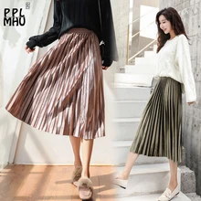 Высококачественная длинная юбка из золотого бархата с высокой талией, модная плиссированная юбка средней длины с металлическими вставками, повседневная юбка для танцев большого размера