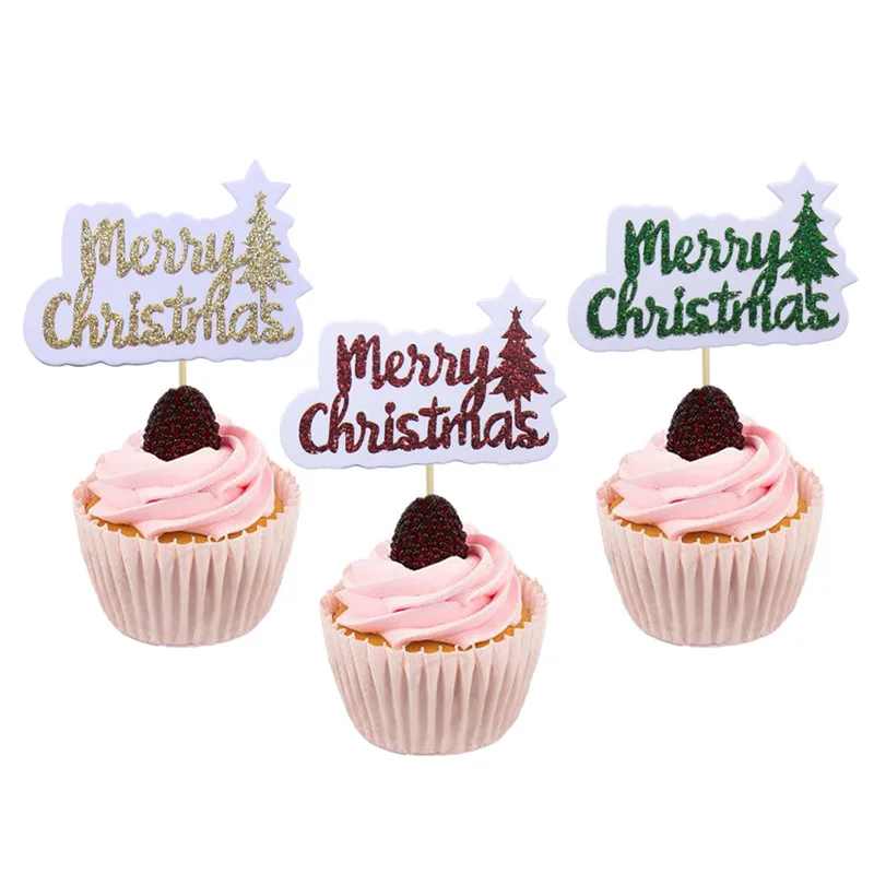 

10Pcs Red Green Merry Christmas Cupcake Toppers For Xmas Party New Year Eve Decoration Christmas Cake Accessories Home Supplies